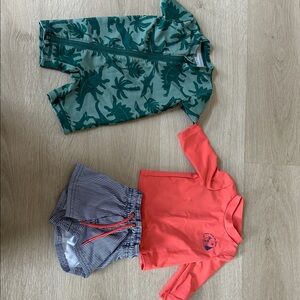 Dinosaur Print and Coral Top Navy stripe swim suit Set